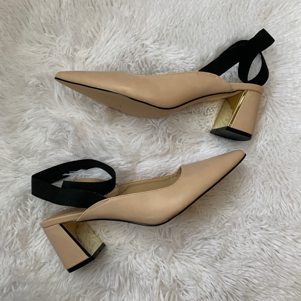 NWOT ASOS Nude Gold Block Black Ankle Strap Pump